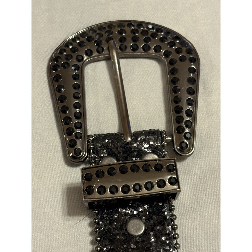 Black Silver Studded Rhinestone Bling Women's Belt with Metallic Buckle